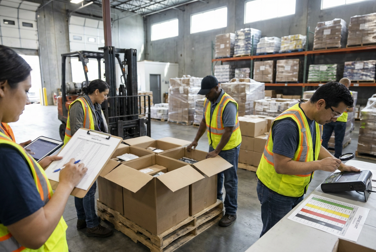 Dallas liquidation supplier warehouse with wrapped pallets arranged for inventory verification