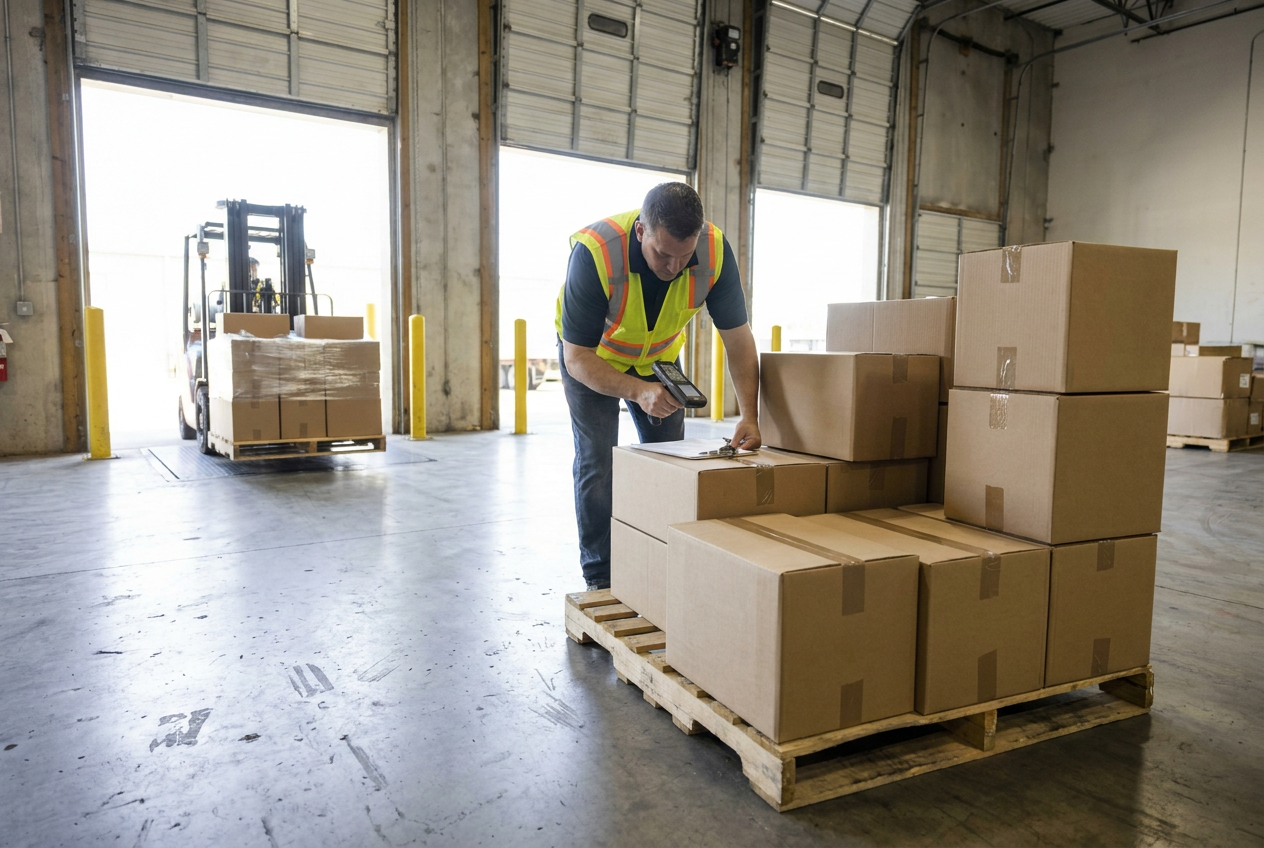 Liquidation pallet receiving inspection with cartons and paperwork used to document delivered inventory