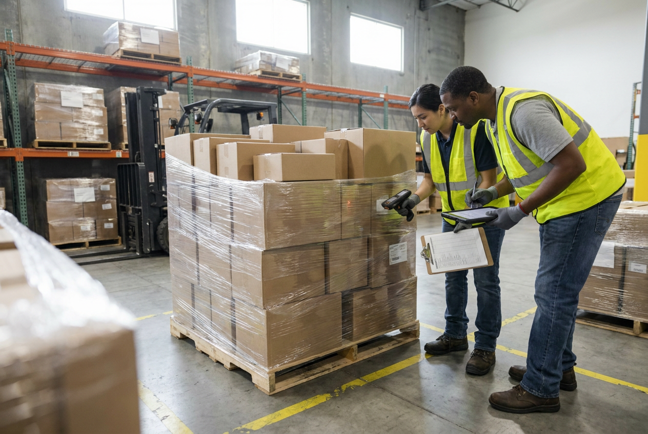 Palletised liquidation merchandise arranged in rows inside a truckload freight trailer
