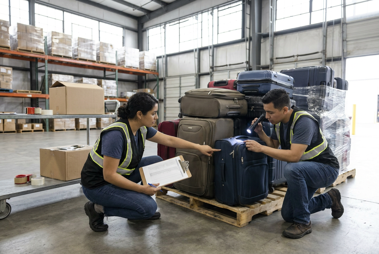 Editorial illustration of luggage liquidation pallets with suitcase wheels, handles, and zipper details