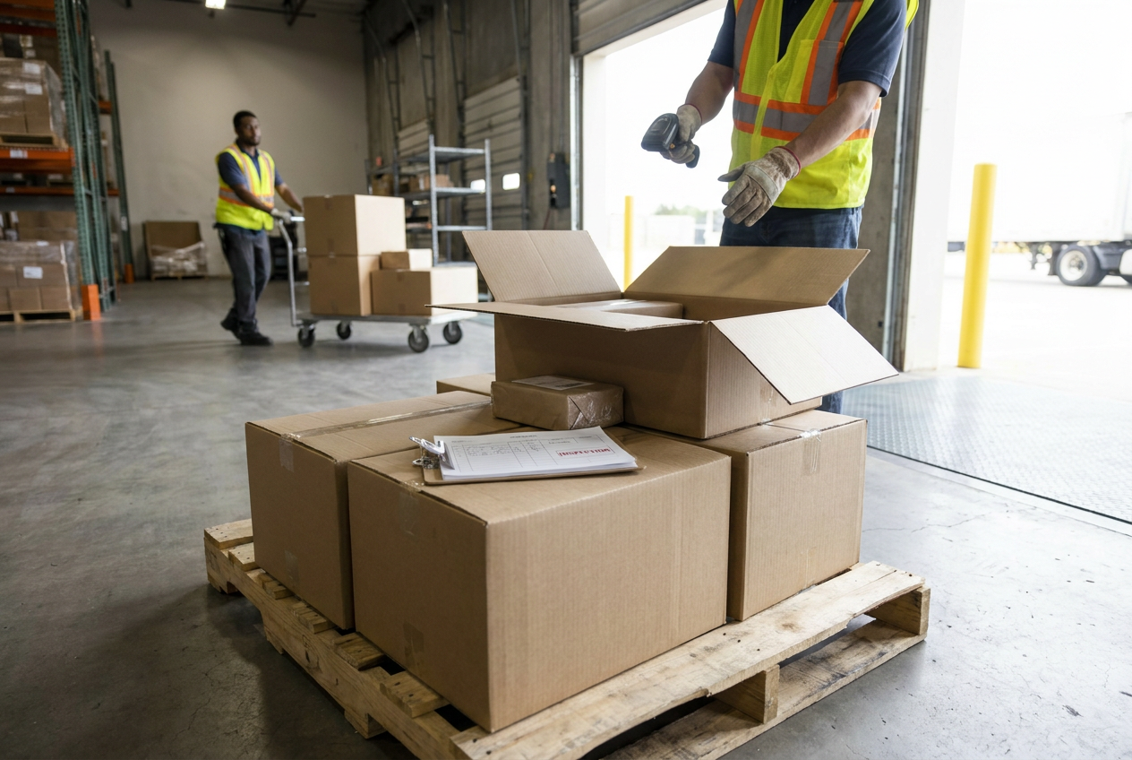 Editorial illustration of completeness checks for evaluating new other vs open box inventory