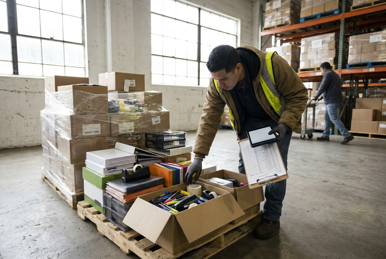 Editorial illustration of paper specification checks for office supplies liquidation pallets
