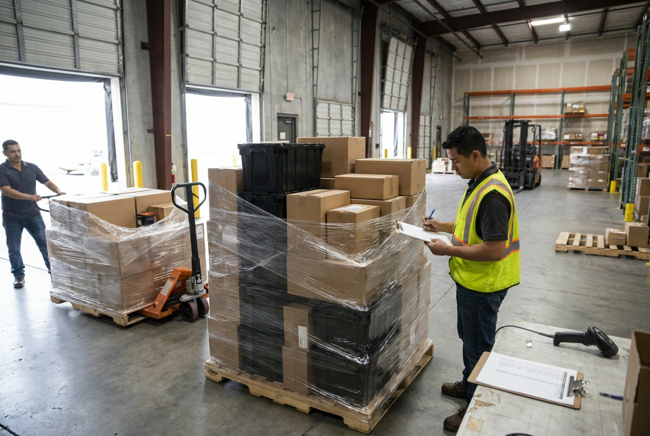 Editorial illustration of cartridge identifiers and packaging units in office supplies liquidation pallets