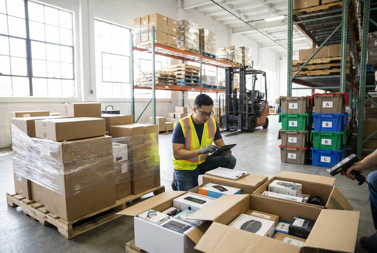 Warehouse cartons and wrapped pallets illustrating overstock vs closeout inventory sourcing