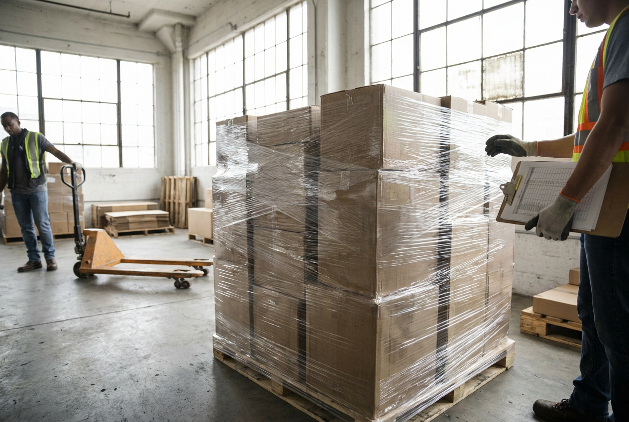 Wrapped liquidation pallets and shipping cartons arranged for receiving and inventory inspection