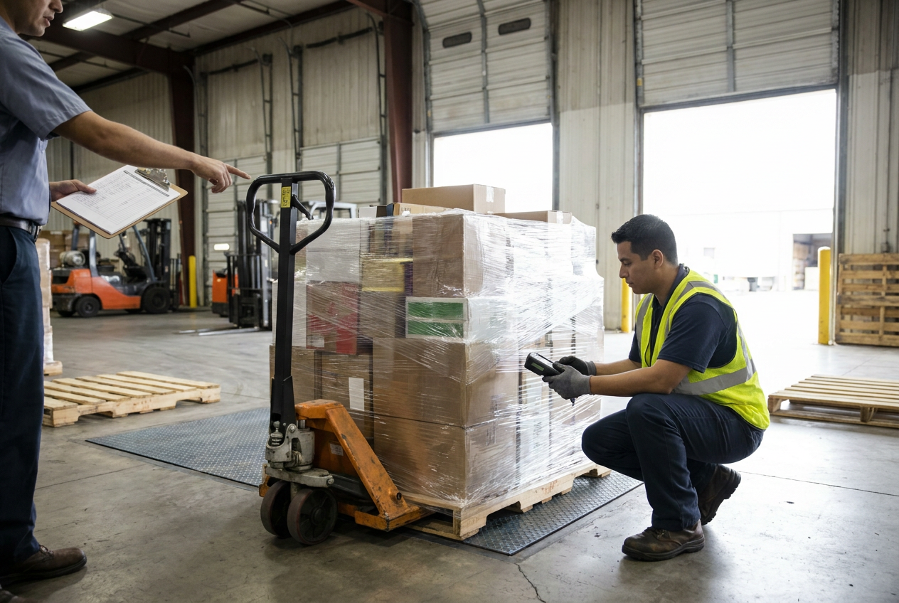 Receiving route and load stability Editorial illustration of a pallet jack receiving route with dock transitions and staging clearance
