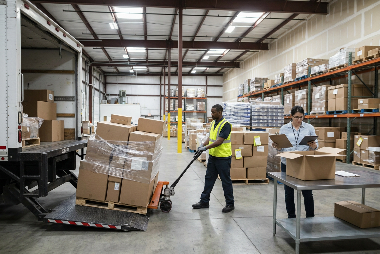 Editorial illustration of shipment paperwork and receiving checks for shared or dedicated freight