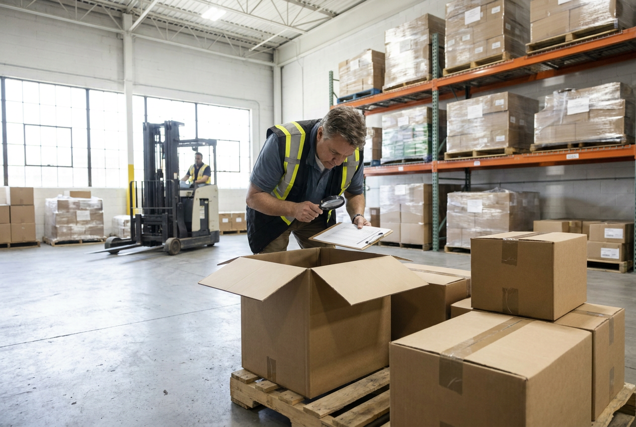 Personal care liquidation pallets inspection with bottles, cartons, and packaging seals on a sorting table