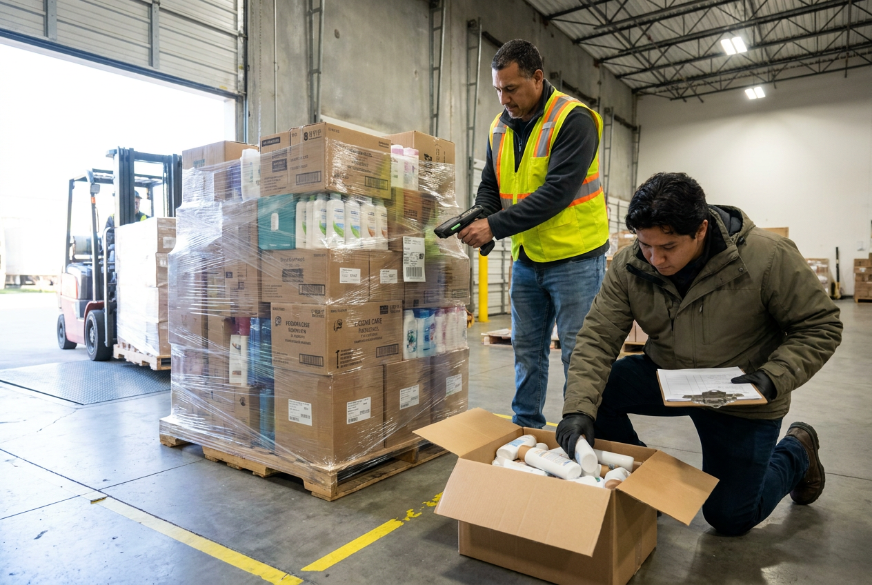 Personal care liquidation pallets receiving check with cartons and bottles separated for package inspection