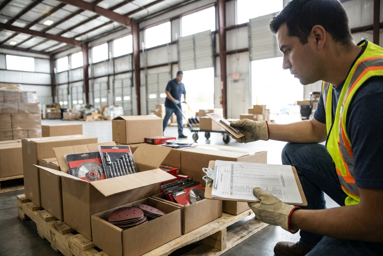 Power tool accessory lots inspection Drill bits, saw blades and sanding supplies arranged for fitment checks in power tool accessory lots