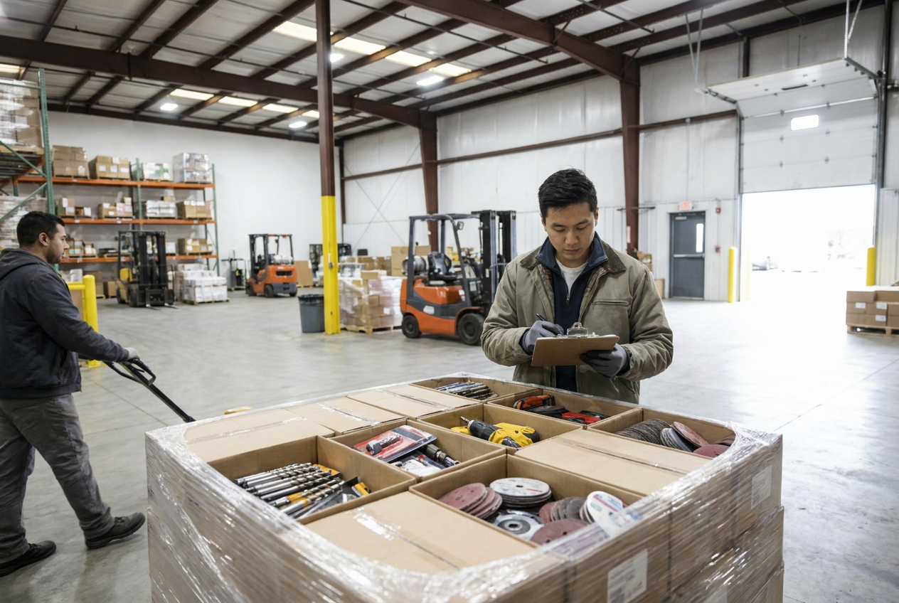 Receiving and sorting tool accessories Accessory cartons and loose tool attachments grouped for checking labels, completeness and visible wear
