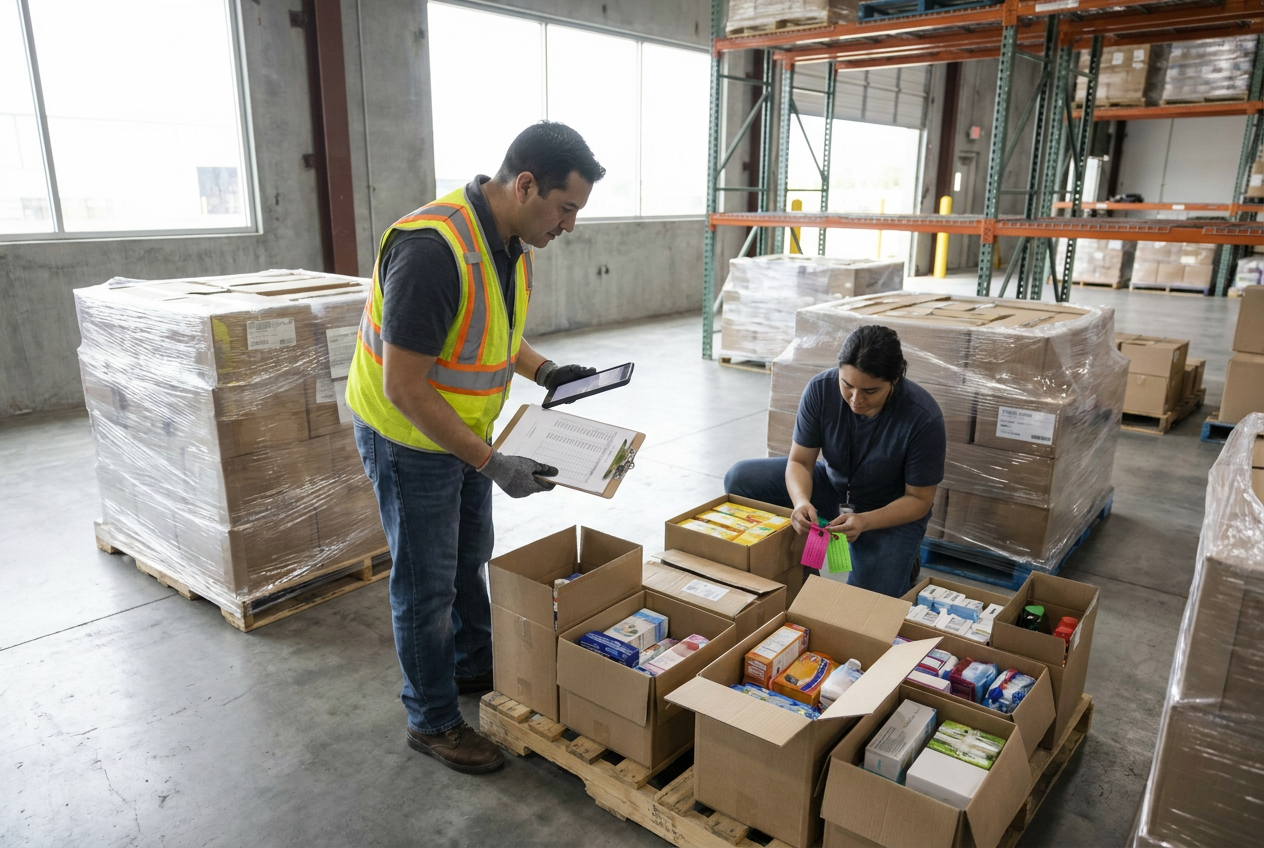 Prepare the Truckload Receiving Area Warehouse receiving area with staged pallets and a forklift for receiving a liquidation truckload