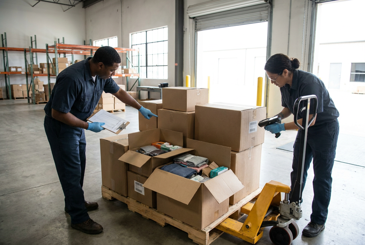 Documenting liquidation load arrival Wrapped liquidation pallets at a receiving dock with shipment inspection paperwork nearby