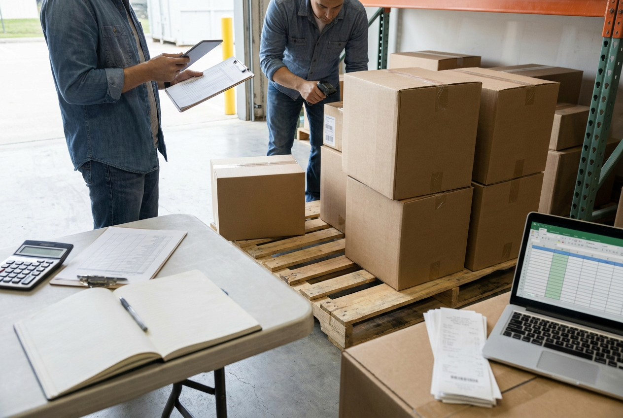 Editorial illustration of reseller bookkeeping linking purchase documents and marketplace payouts