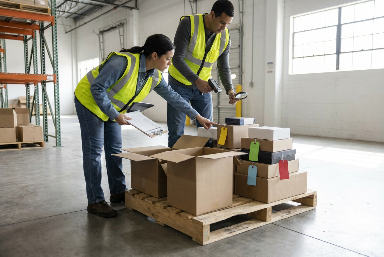 Editorial illustration of policy documents and inventory for reseller business insurance review