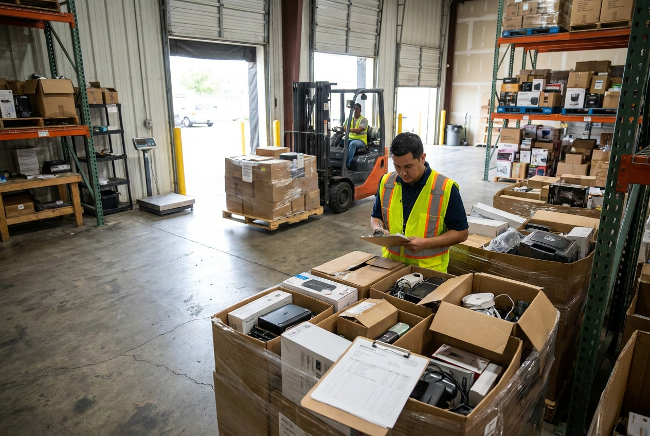 Editorial illustration of reseller business insurance planning with policy and inventory documents