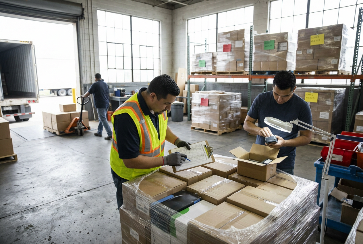 Salvage liquidation pallets with boxed merchandise arranged for condition inspection and sorting
