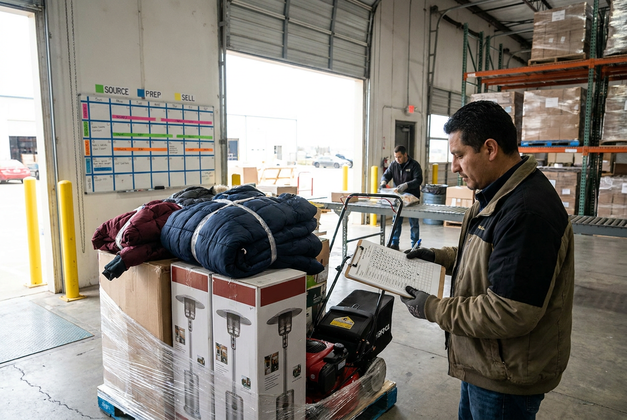 Editorial illustration of seasonal inventory planning with a calendar and merchandise category symbols