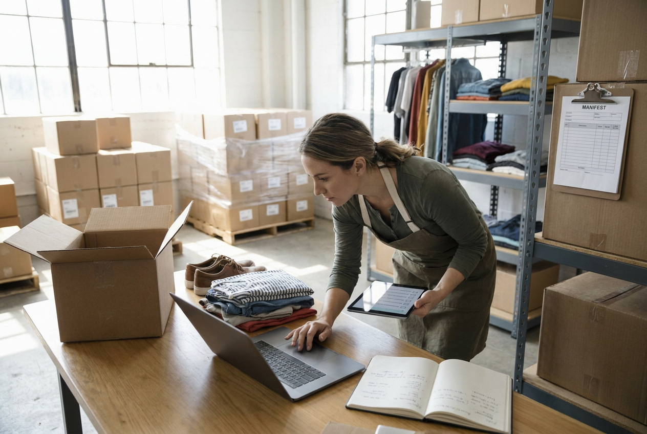 Editorial illustration of apparel and footwear listing preparation for selling liquidation on Poshmark