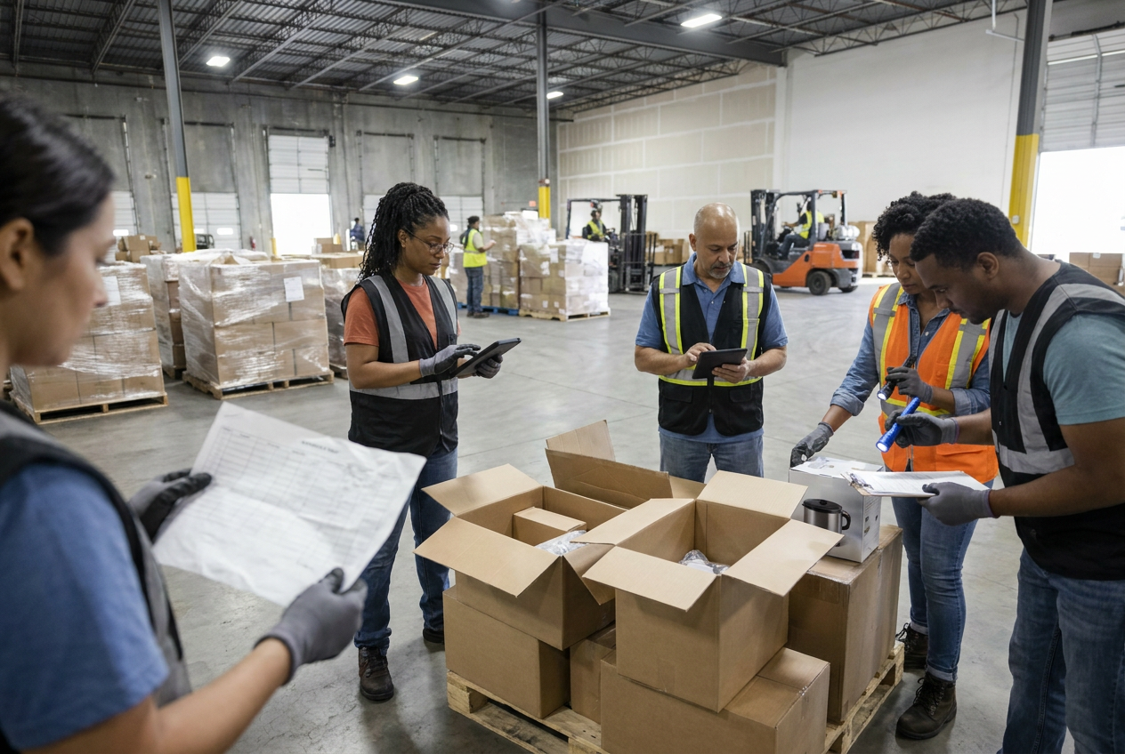 Sorting liquidation inventory Reseller sorting liquidation pallet inventory into labeled groups on a warehouse worktable