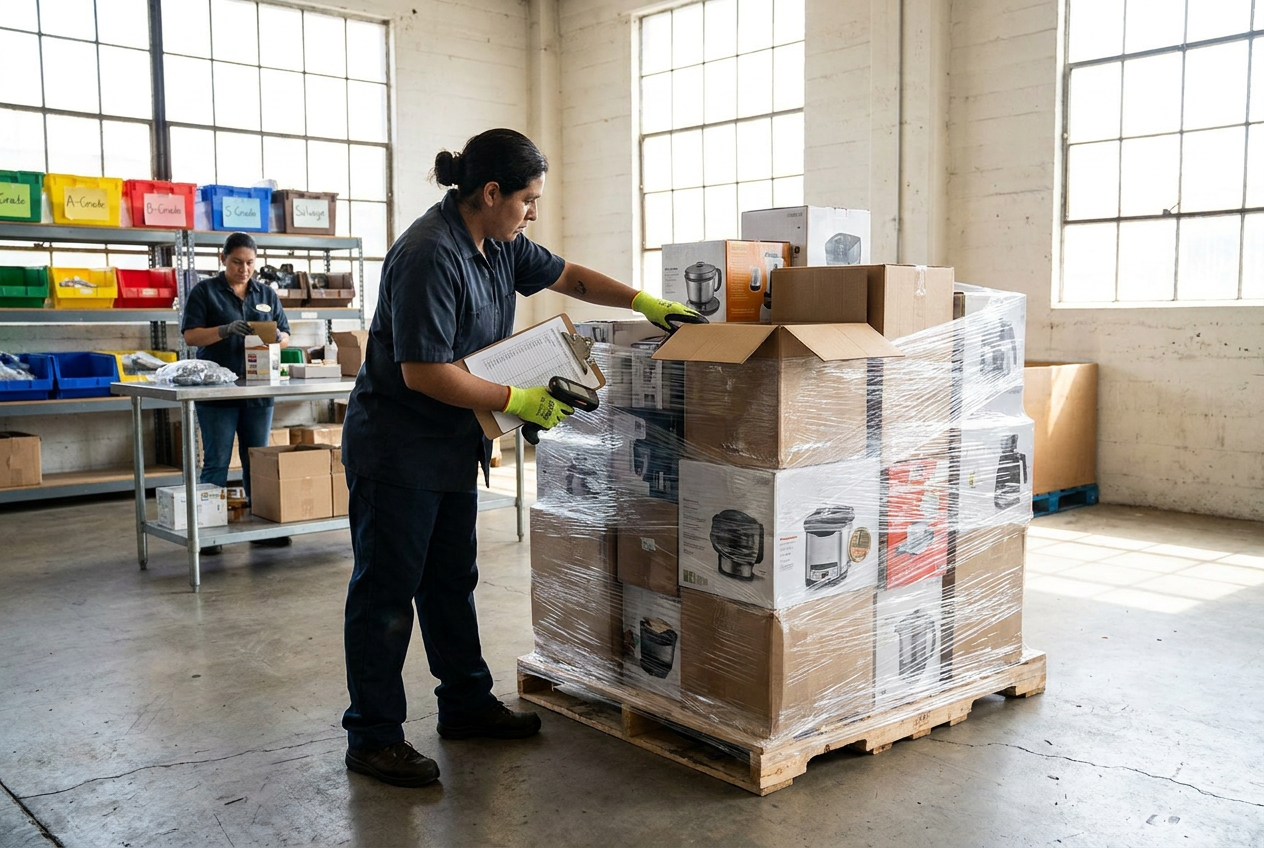 Small appliance liquidation pallets with countertop units and loose accessories arranged for inspection