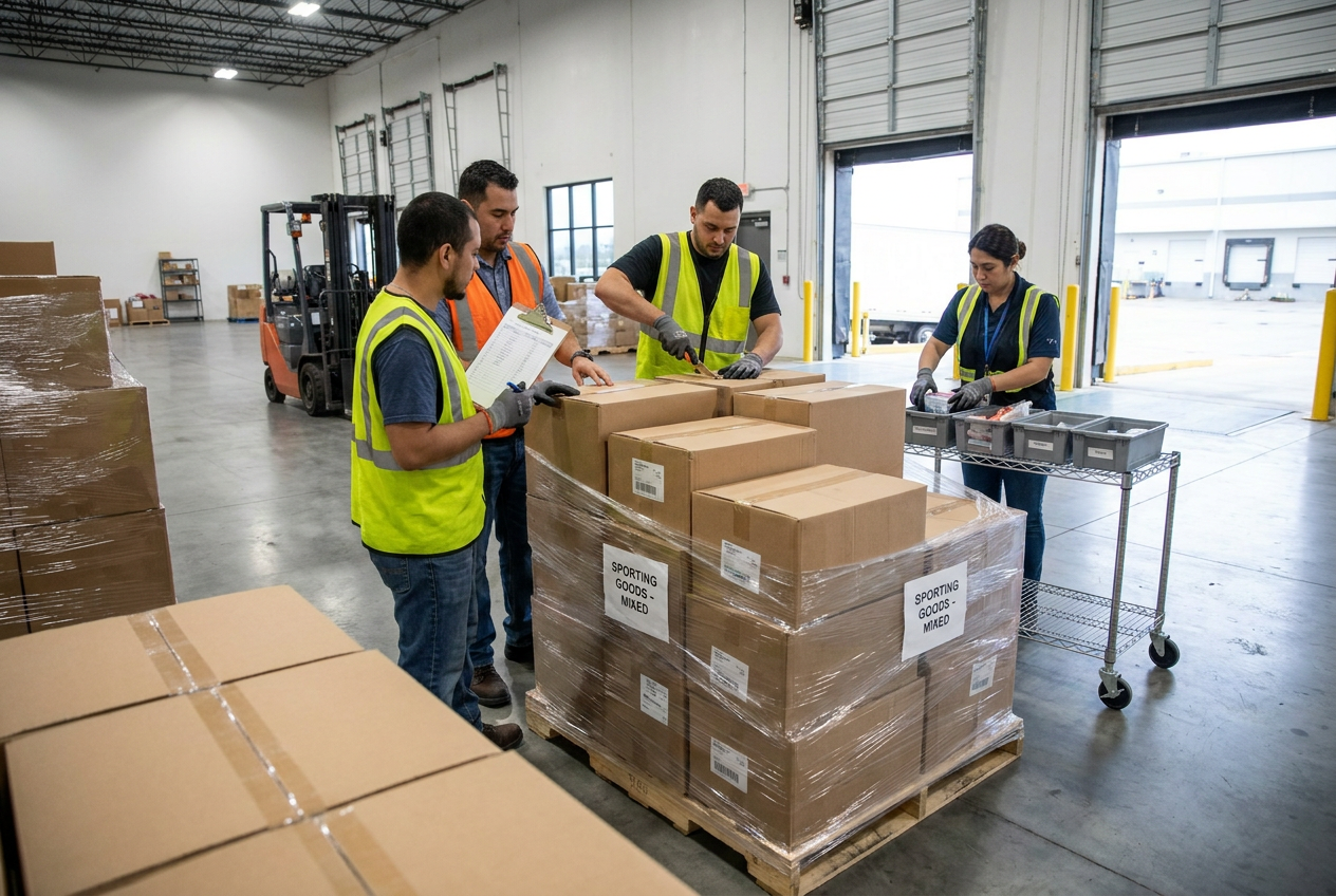 Checking equipment before resale Fitness accessories and sporting goods components separated for completeness and safety inspection