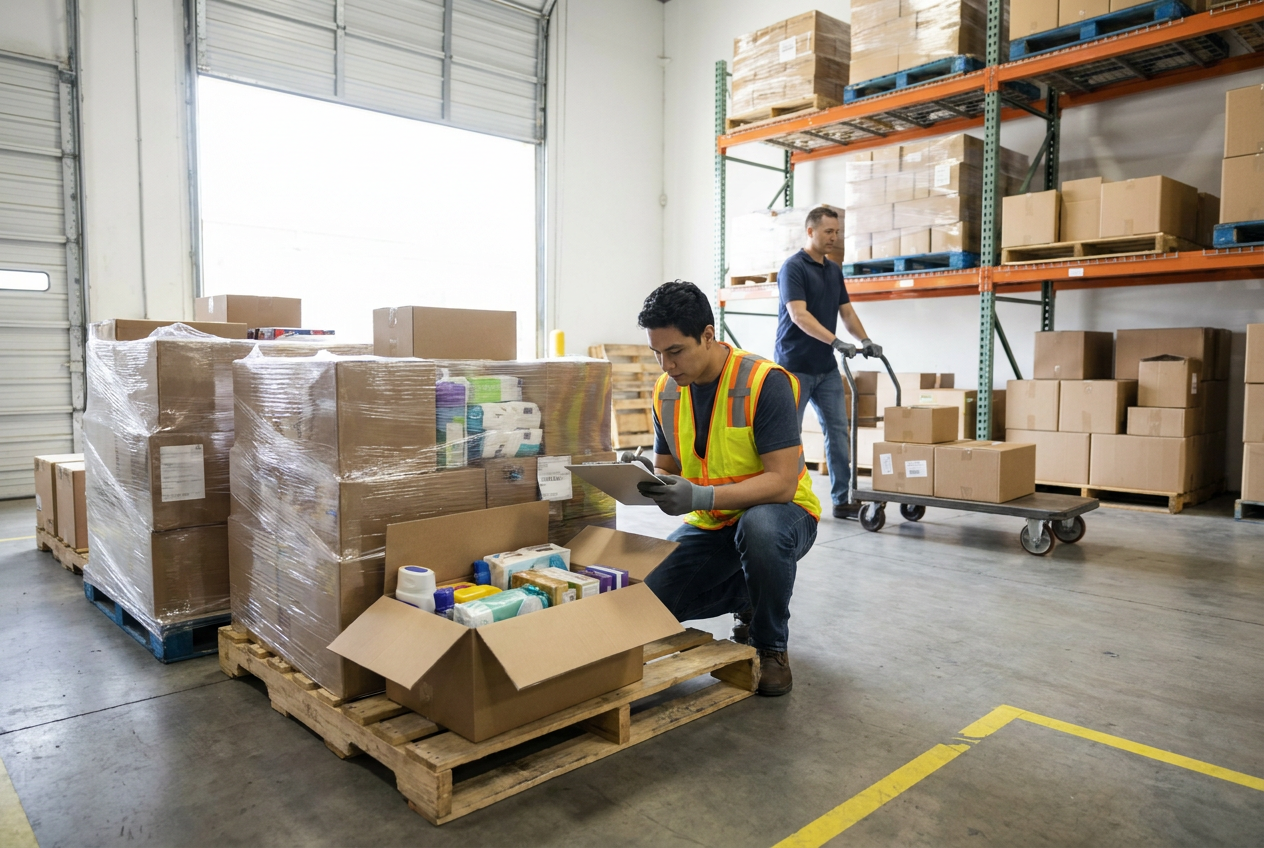 Pallet receiving and inventory checks Wrapped liquidation pallets and boxed retail merchandise arranged for warehouse receiving inspection