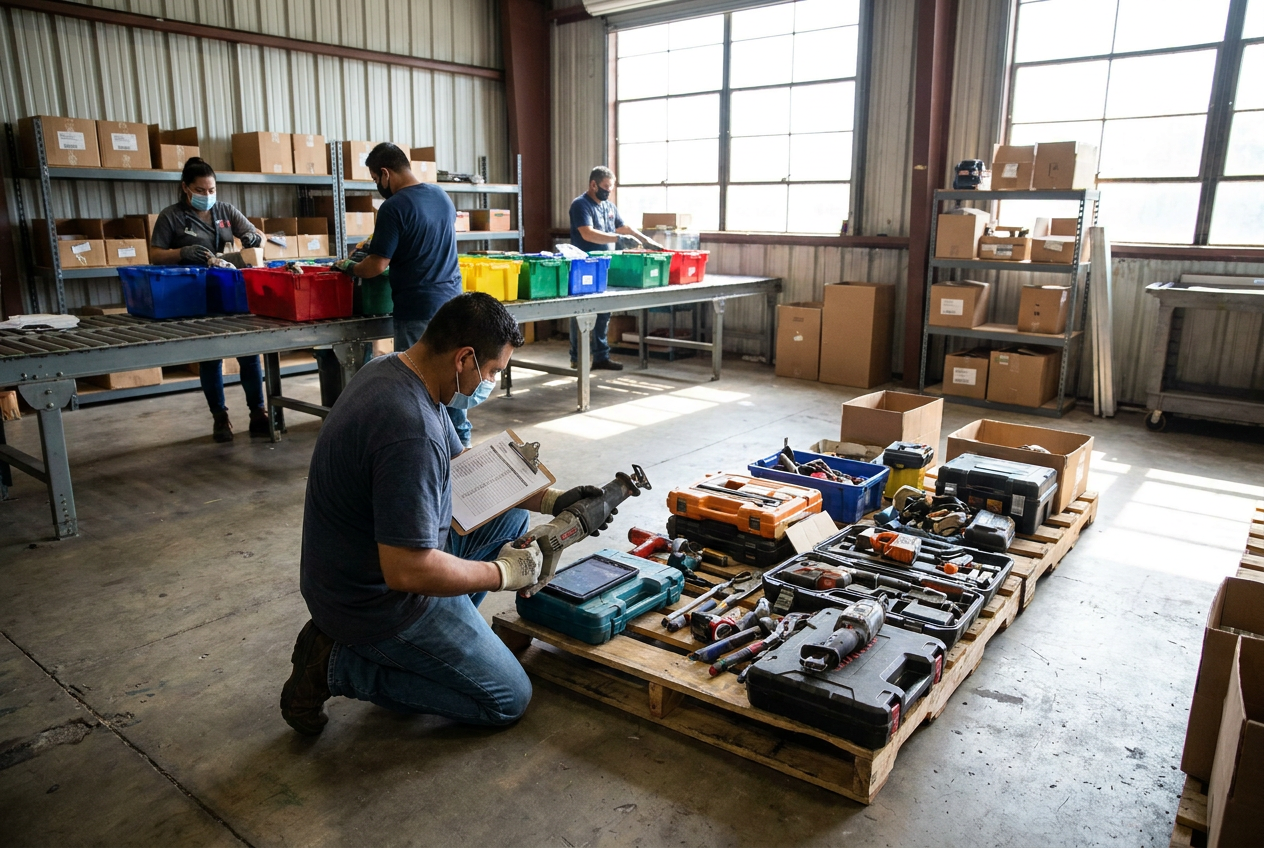 Boxed power tools and hardware grouped on tool liquidation pallets for condition inspection