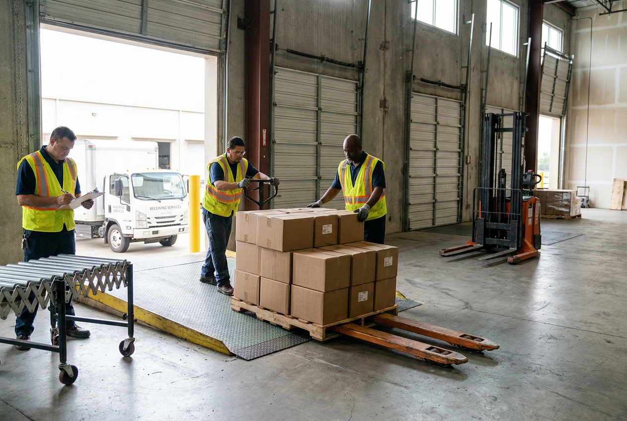 Editorial illustration of unloading pallets without a forklift and planning a safe receiving route
