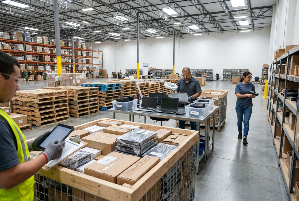 Untested vs refurbished electronics evidence Electronics testing workstation with devices and records for comparing untested vs refurbished electronics
