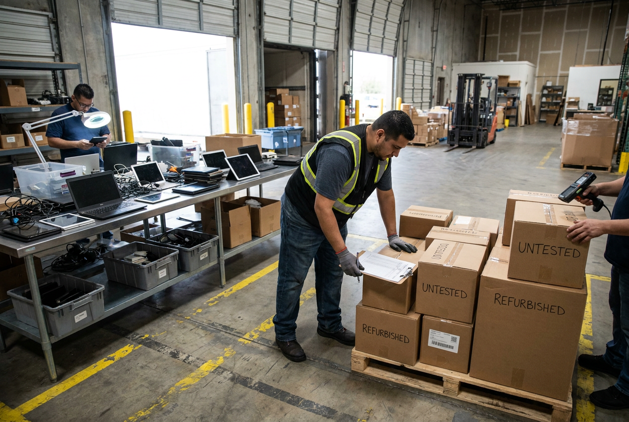 Document electronics before sorting Receiving inspection of electronics cartons with inventory labels and a manifest beside the shipment