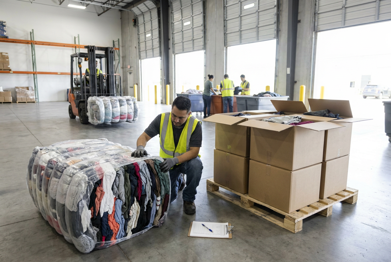 Sorting garments before resale Apparel laid out for garment inspection and size sorting beside cartons from a liquidation pallet