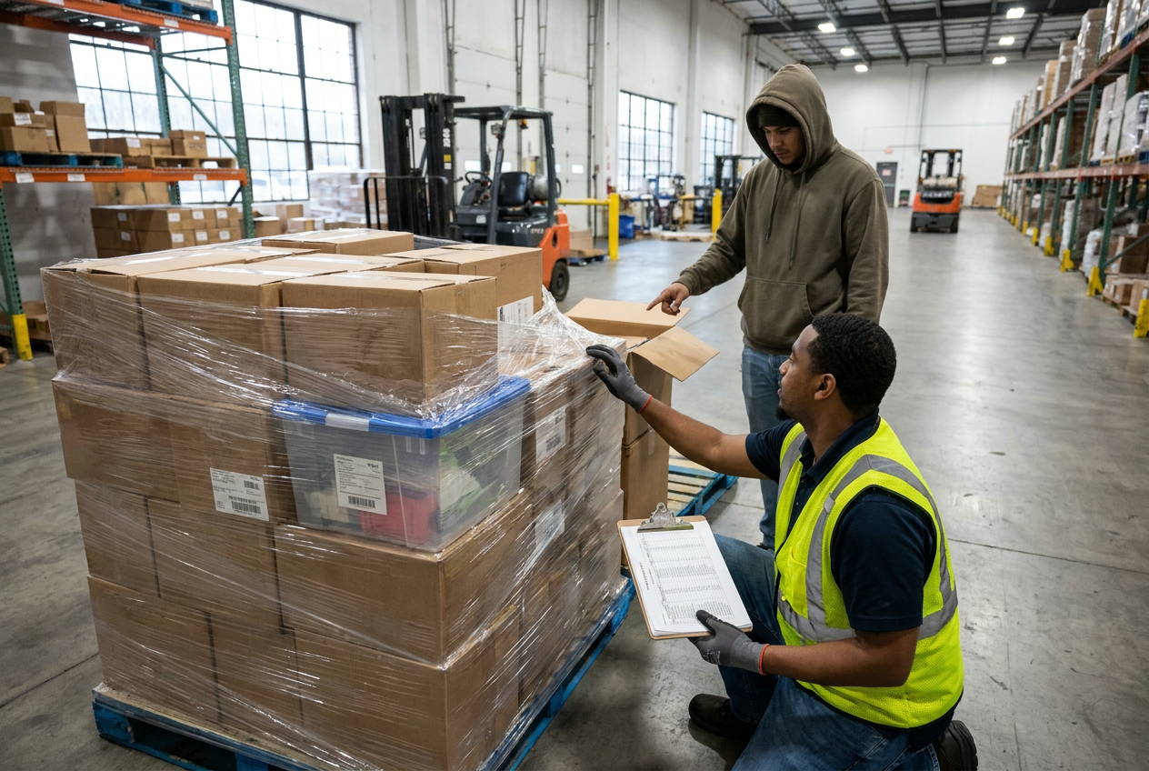 Liquidation pallets with stacked cartons showing how bulk resale merchandise is grouped for shipping