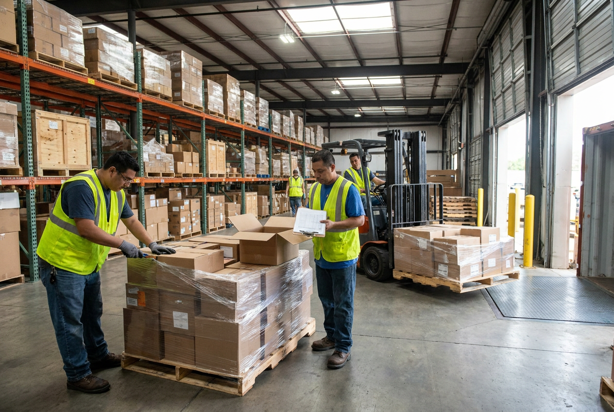 Cartons and inventory paperwork used to review a liquidation pallet shipment before sorting merchandise