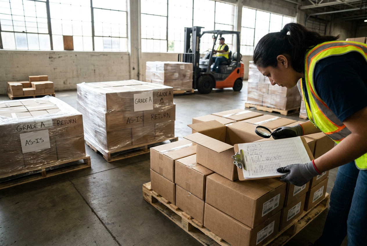 Comparing liquidation pallet sources Warehouse rows of wrapped liquidation pallets for buyers comparing wholesale inventory sources