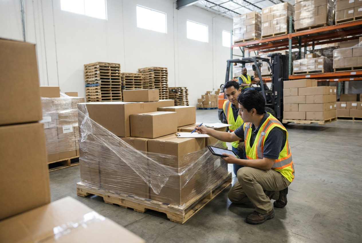 Documenting a liquidation delivery Receiving paperwork beside a wrapped liquidation pallet ready for delivery-day inspection
