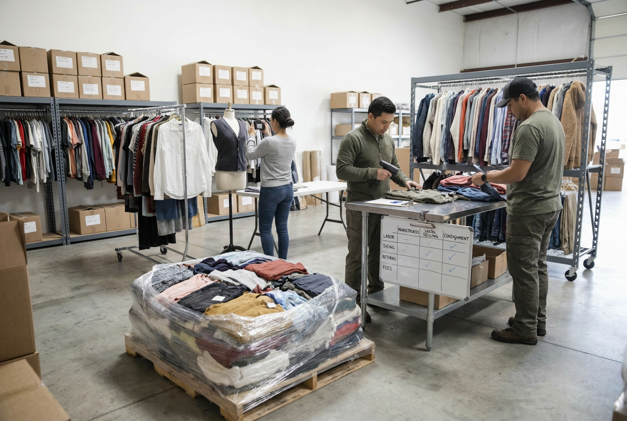 Editorial illustration comparing where to sell liquidation clothing through different resale channels