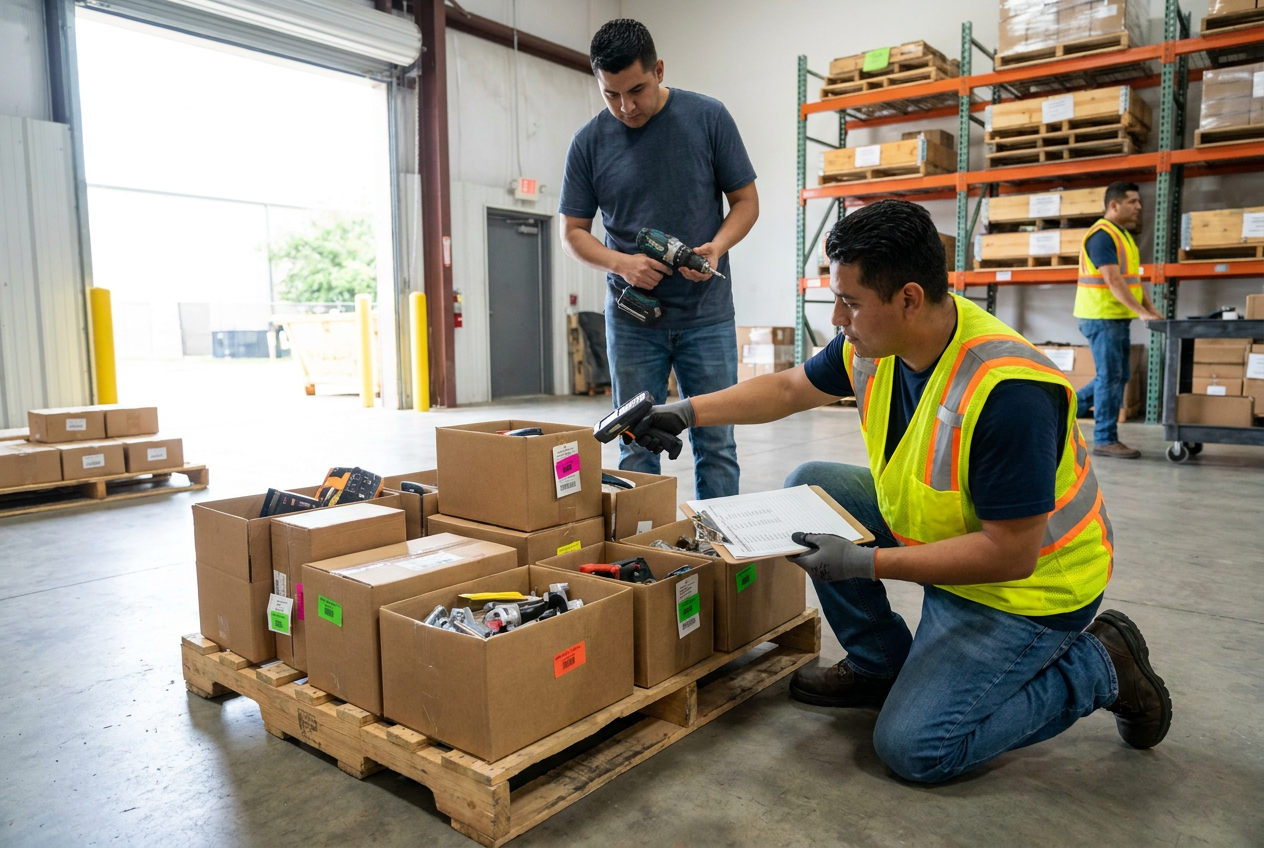 Checking bulk hardware specifications Labeled screws, nuts and washers arranged for specification checks in wholesale hardware lots