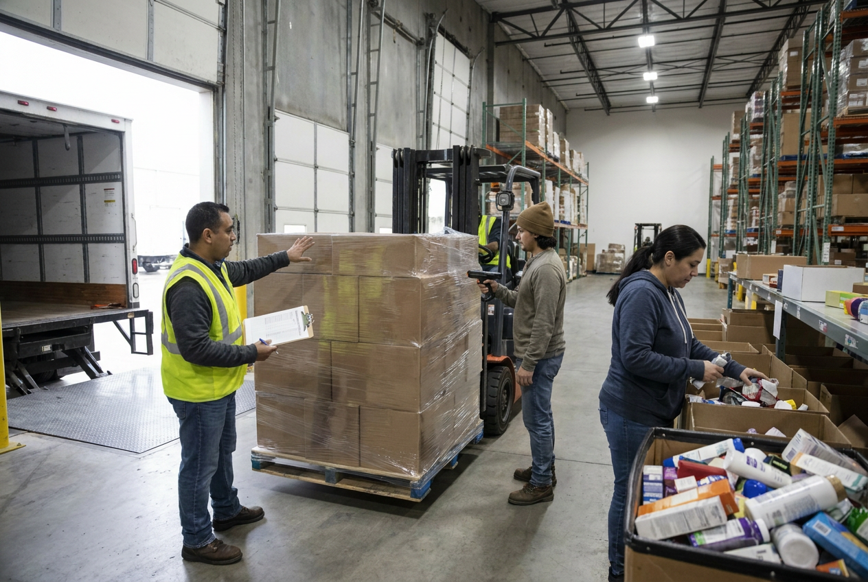 Sorting loads before the weekly reset Mixed liquidation merchandise organized in bin-store sorting and restock preparation areas