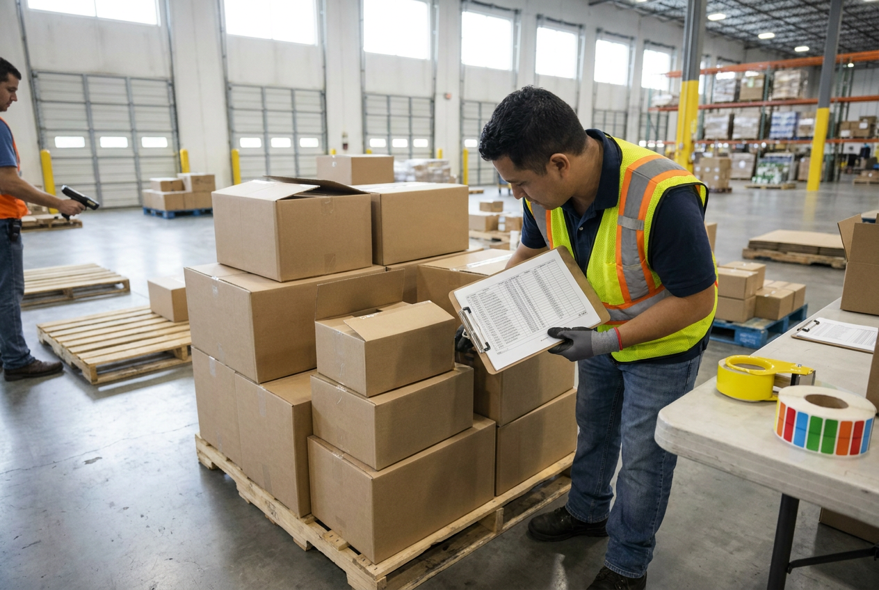 Editorial illustration of wholesale supplier W-9 records beside an inventory invoice and document folders