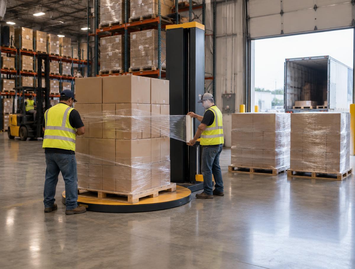 PalletCove Liquidation staff shrink-wrapping a pallet of plain cartons on the Houston warehouse floor before shipment