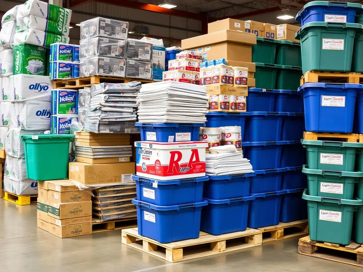 Club-pack bulk household goods wrapped on a warehouse pallet