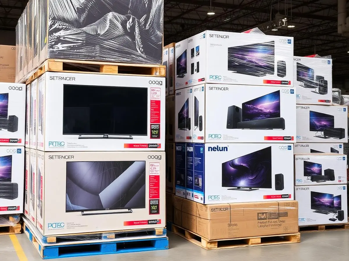 Electronics and appliance boxes staged on pallets for liquidation freight