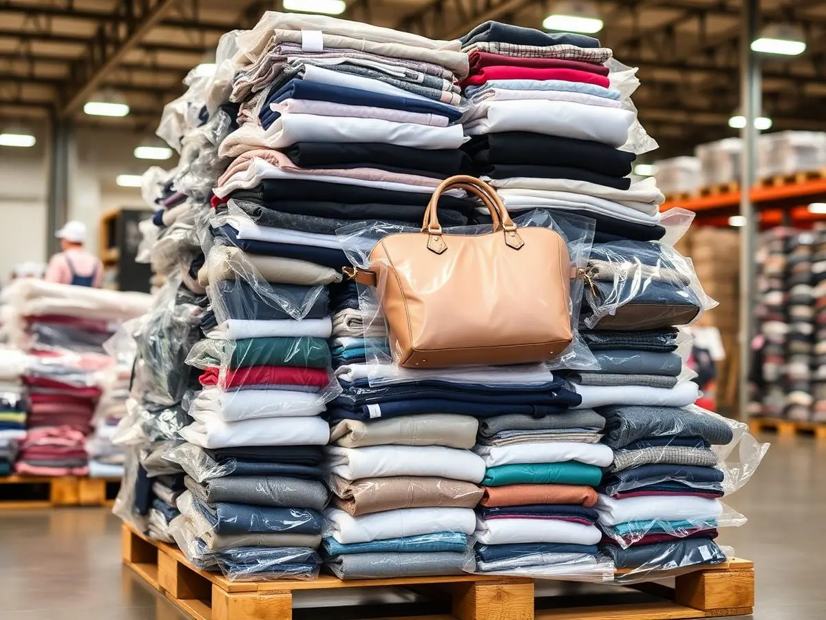 Apparel and footwear liquidation pallet with folded clothing and shoe boxes