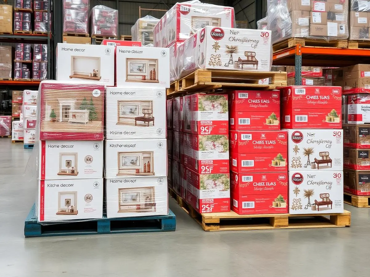 Home décor and seasonal retail goods stacked on a liquidation pallet